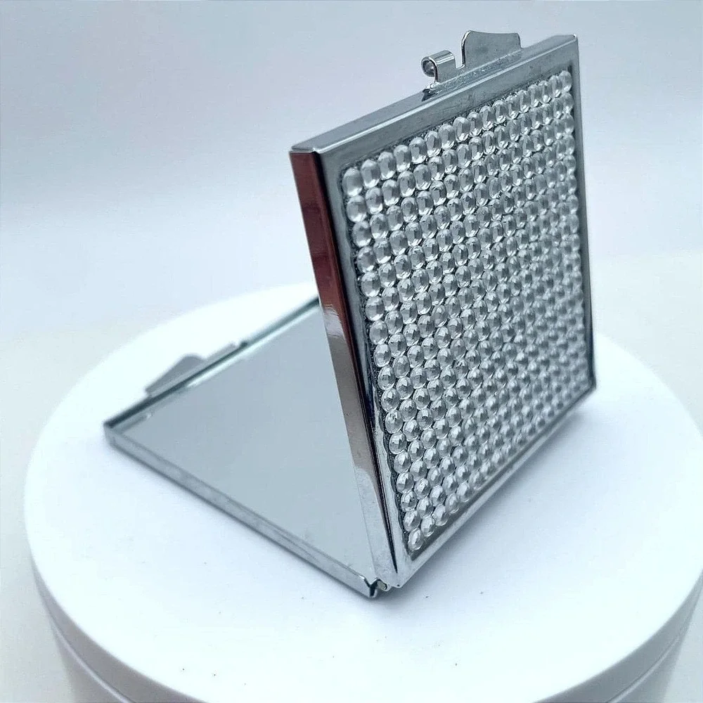 Classic Silver-Tone Rhinestones Embellished Square Compact Pocket Makeup Mirror